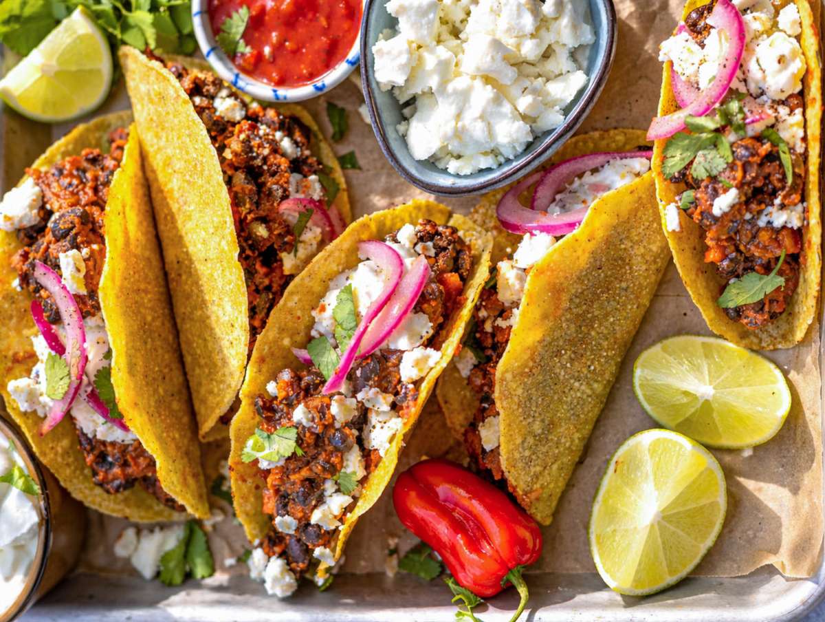 Step 4 Assembled tacos with black bean filling feta Greek yogurt and lime ready to eat.