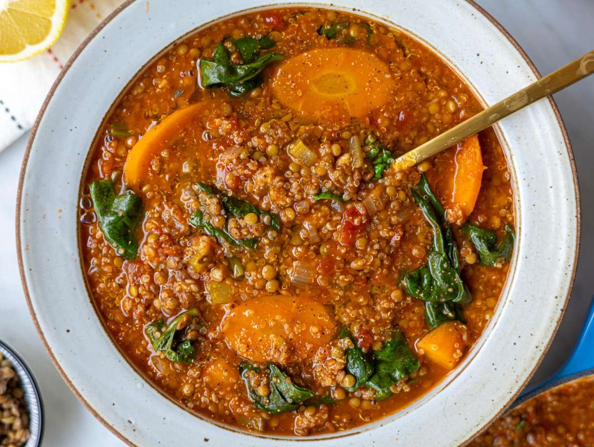 Step 4 Finished soup ladled into a bowl and topped with a squeeze of lemon.
