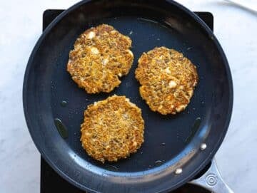Step 4 Patties cooking in nonstick skillet turning golden on first side.