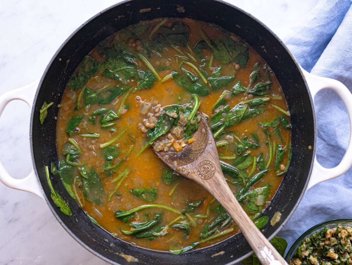 Step 4 Spinach wilted in the lentil soup.