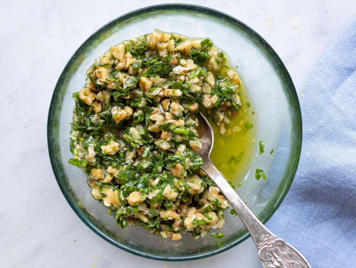 Step 5 Hand chopped walnuts parsley and lemon mixed into a coarse gremolata.