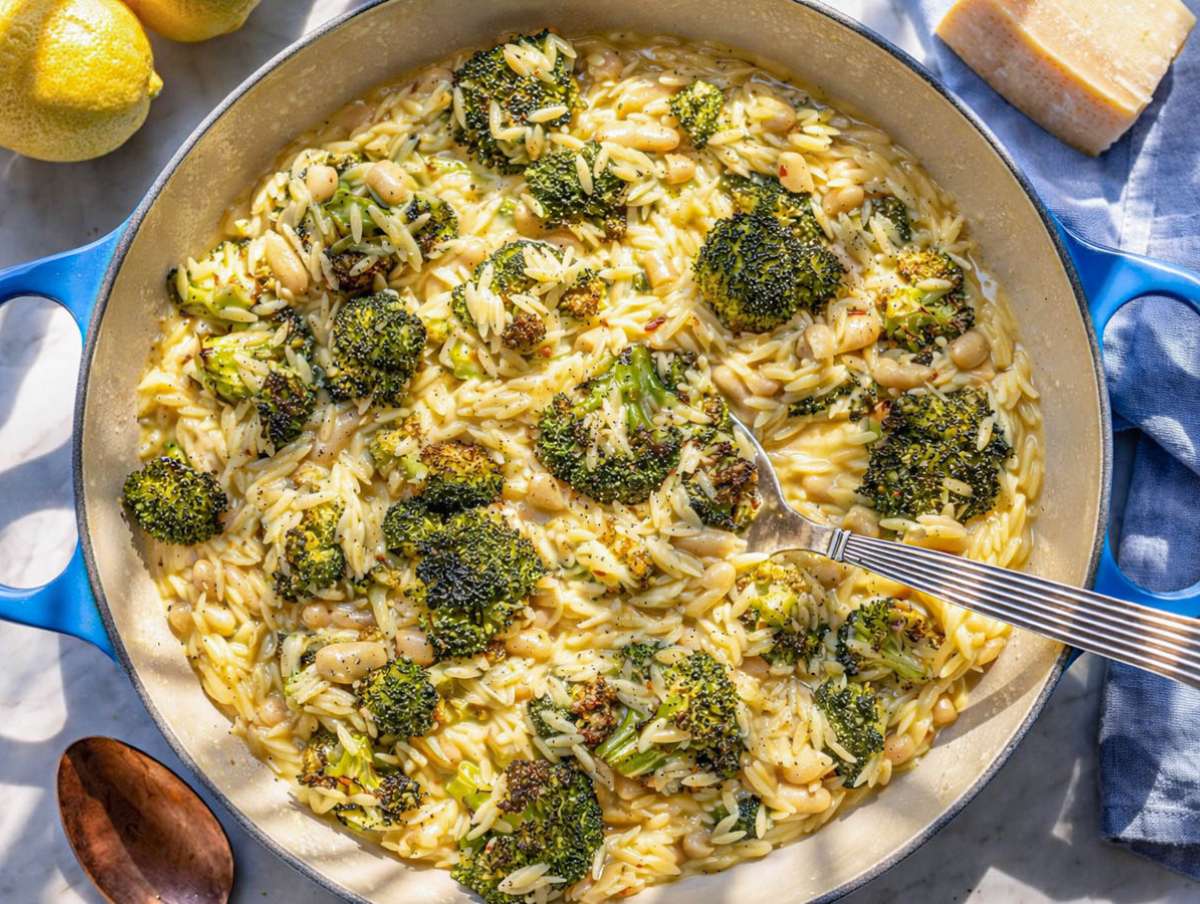 Step 5 Roasted broccoli folded into creamy orzo just before serving.