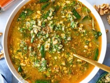 Step 6 Lentil soup served with walnut gremolata on top.
