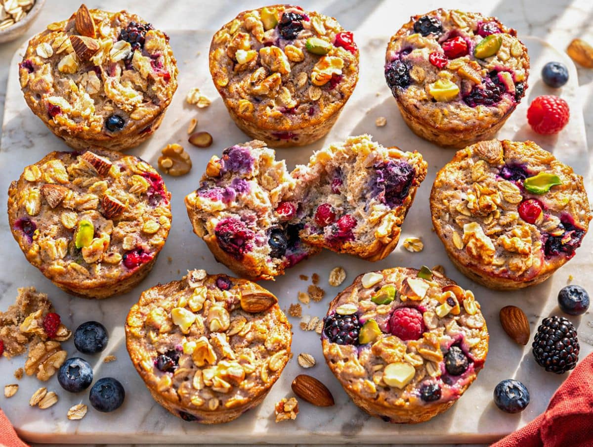 Baked oatmeal cups on marble table with soft, moist berry-filled center visible.