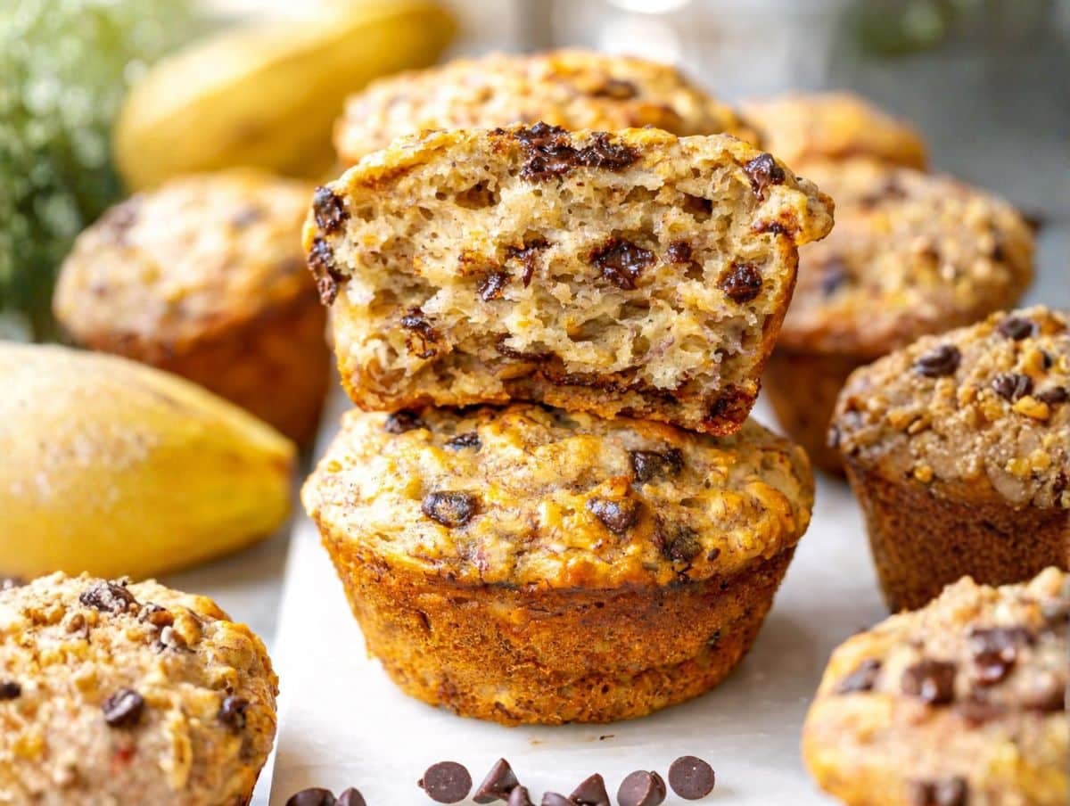 Banana chocolate chip muffins with oats and Greek yogurt in natural light.