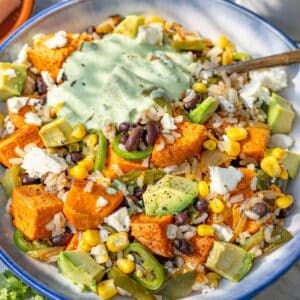 Black Bean and Rice Bowl with Greek Yogurt Cilantro Lime Dressing topped with avocado and feta.