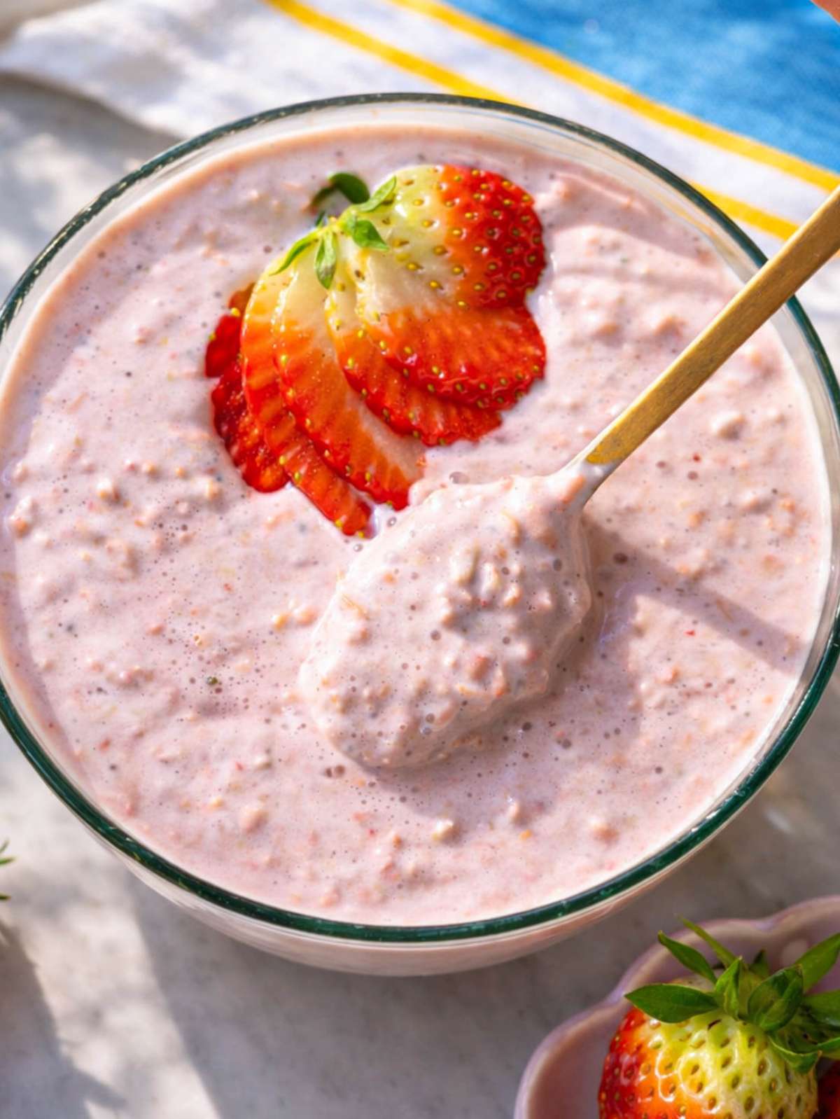 Bowl of strawberry overnight oats topped with sliced strawberries.
