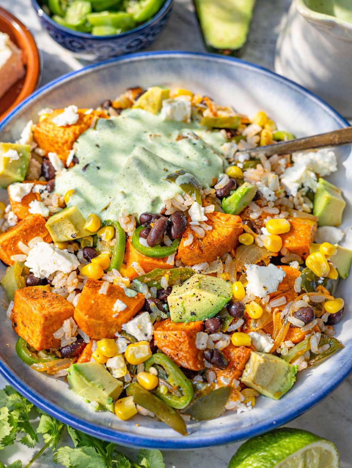 Close up of black bean and rice bowl with creamy Greek yogurt cilantro lime dressing.
