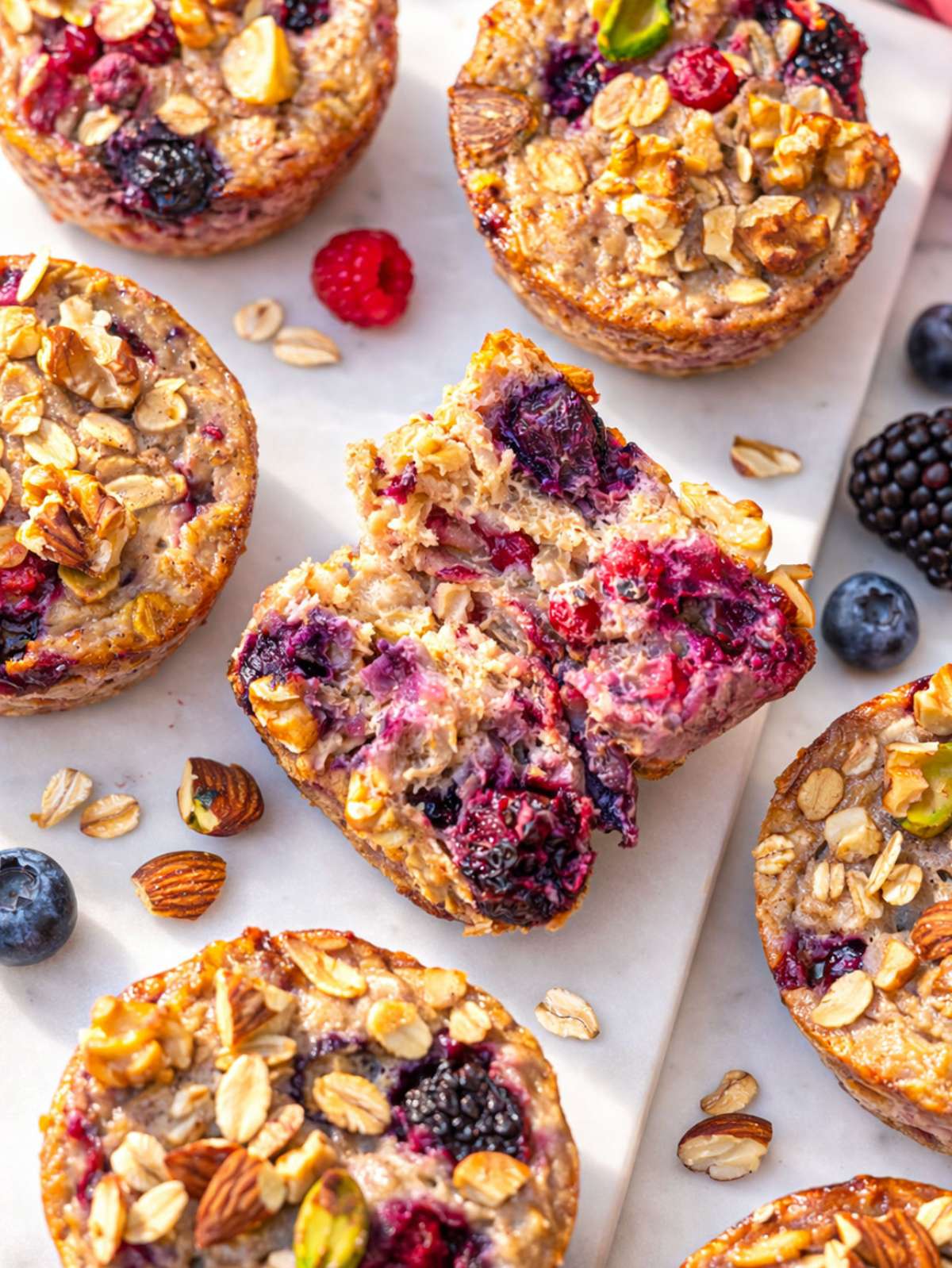 Close up of moist baked oatmeal cup showing soft berry-filled center.