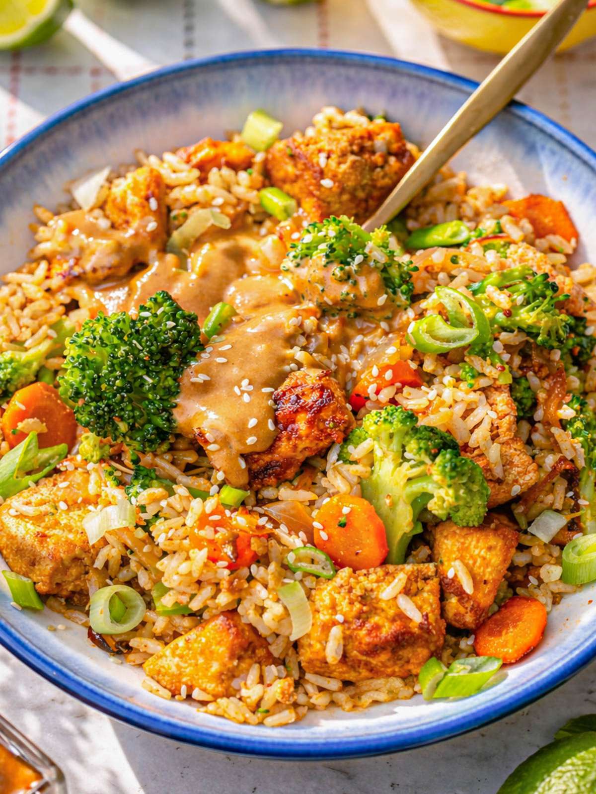 Close-up of tofu rice bowl showing roasted tofu, carrots, broccoli, and creamy peanut sauce