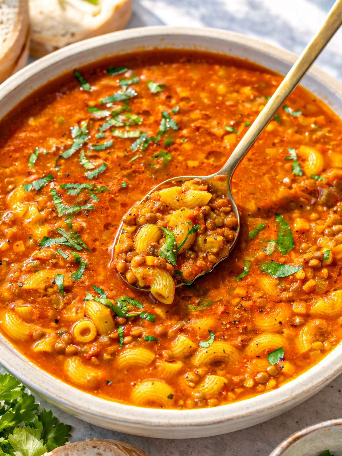 Close up spoonful of lentil noodle soup with pasta and lentils.