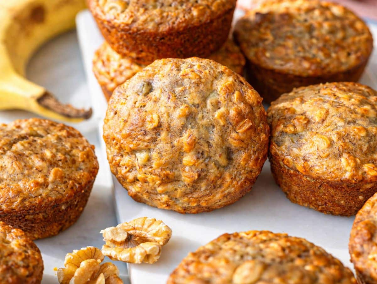Cozy kitchen scene with healthy banana nut muffins ready for a simple make ahead breakfast.