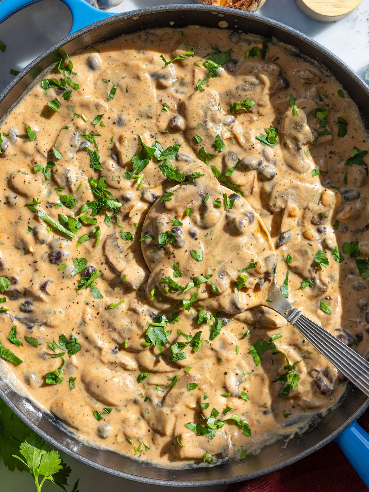 Creamy mushroom stroganoff with black beans in shallow skillet with parsley.