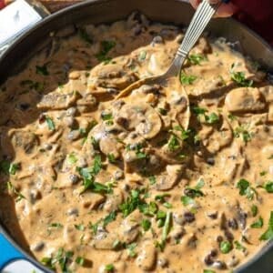 Creamy mushroom stroganoff with black beans served in skillet with spoon.