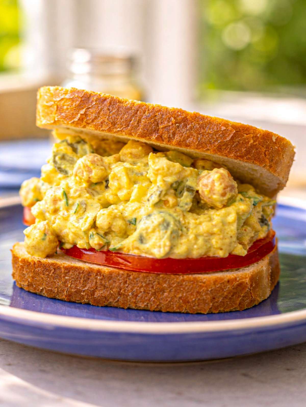 Curried chickpea salad with Greek yogurt served in a sandwich.