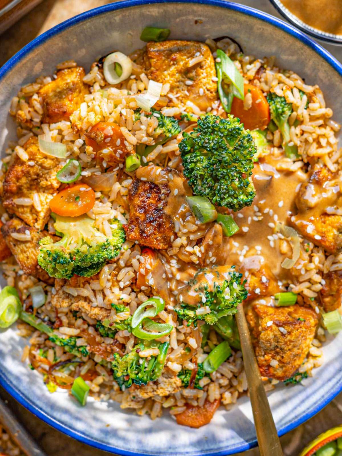 Finished tofu rice bowl with roasted vegetables, rice, and peanut sauce mixed evenly.