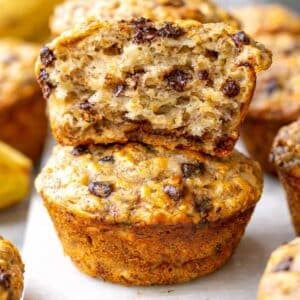 Freshly baked banana chocolate chip muffins with oats and Greek yogurt.