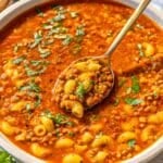 Rustic bowl filled with lentil noodle soup and fresh parsley on top.