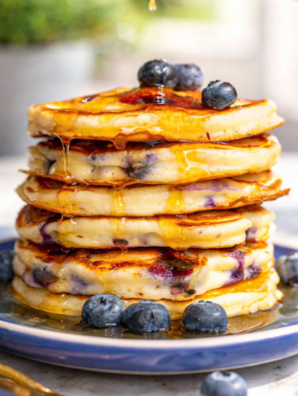 Stack of Greek yogurt blueberry pancakes with syrup and fresh blueberries.