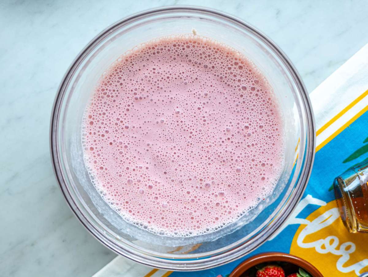 Step 1 Blending strawberries yogurt milk and vanilla until smooth and pale pink.