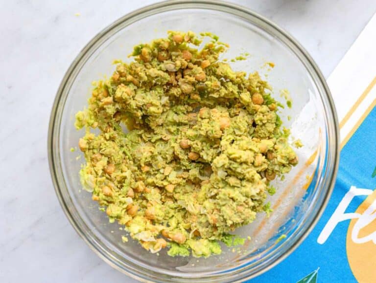 Step 1 Chickpeas and avocado mashed in a bowl with a fork until chunky and scoopable.