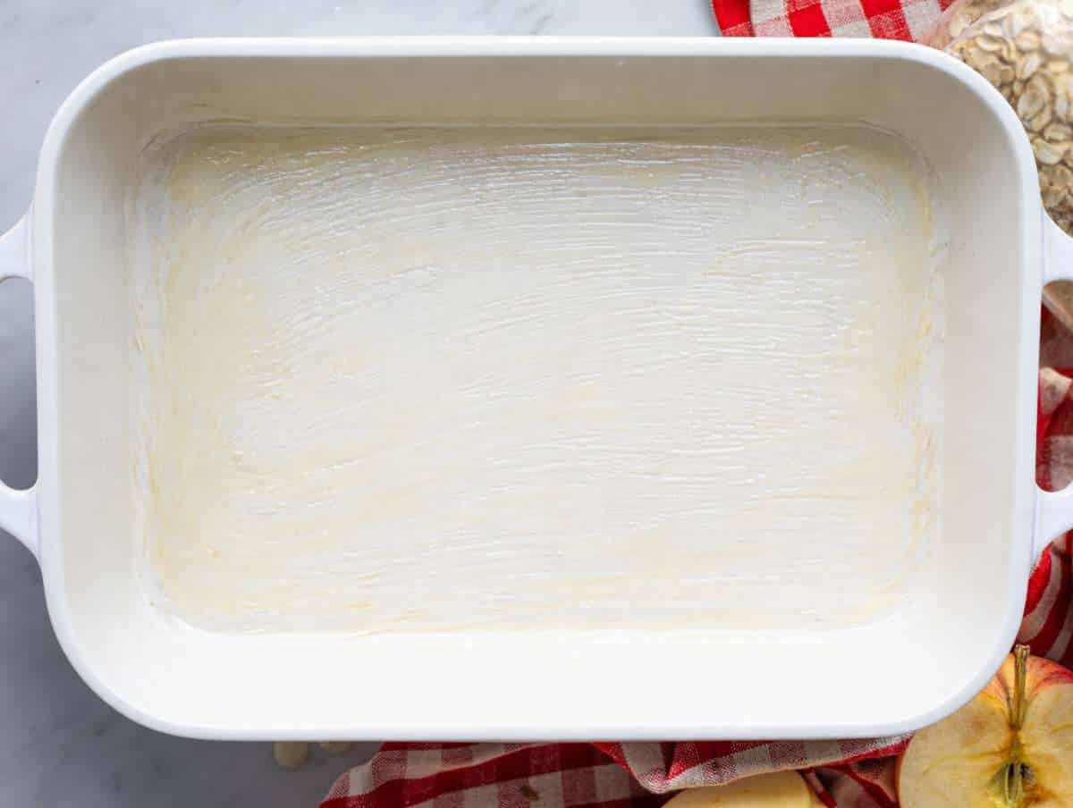 Step 1 Greased baking dish on a table.
