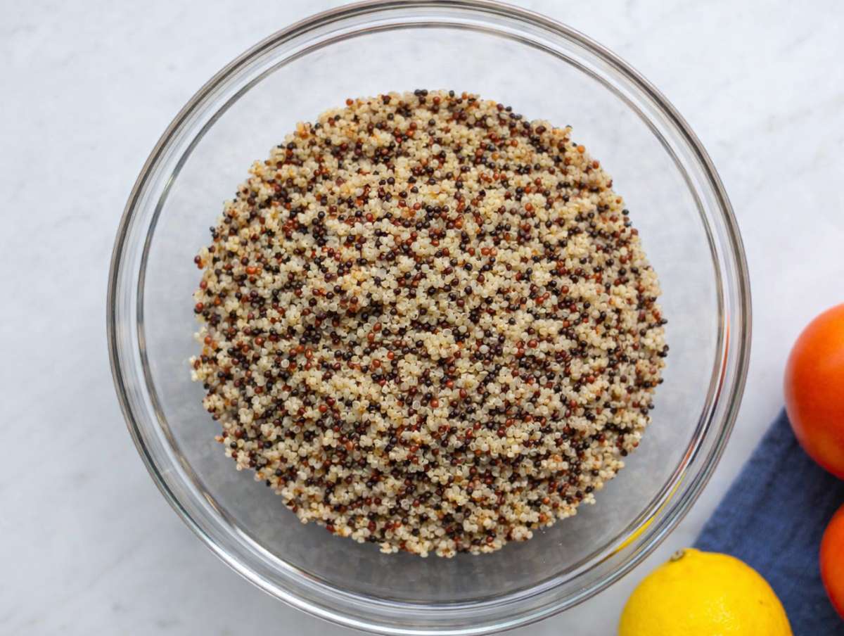 Step 1 Store-bought steamed quinoa in a large mixing bowl.