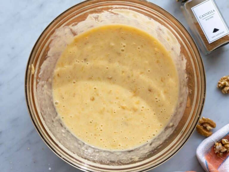 Step 2 Greek yogurt egg honey and vanilla whisked together with mashed bananas.