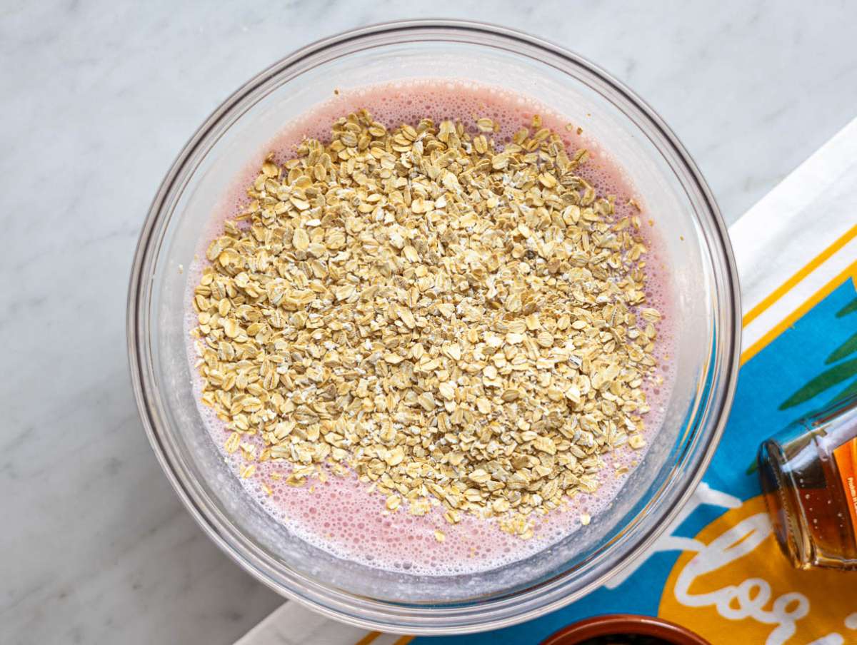 Step 2 Rolled oats added to the strawberry mixture.