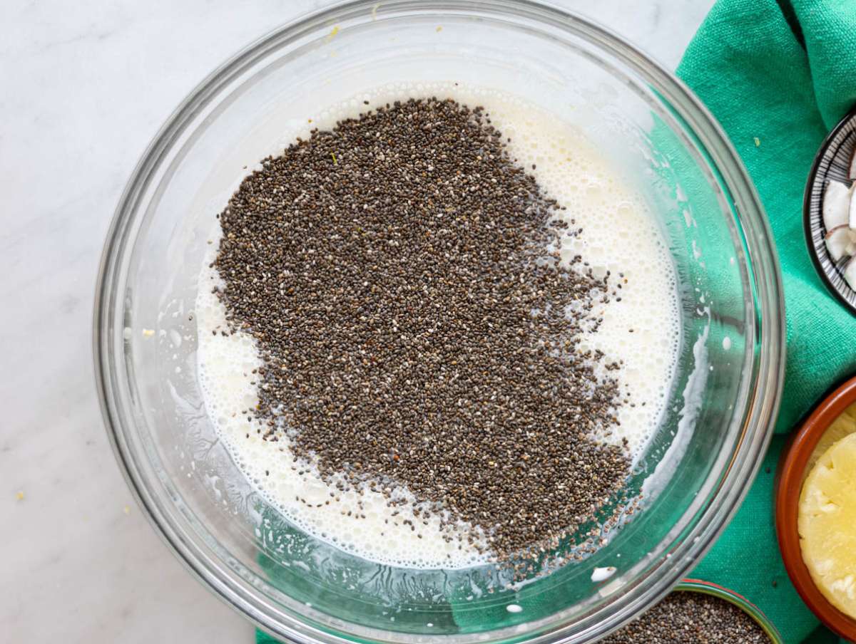 Step 2 Stirring chia seeds into creamy yogurt mixture.