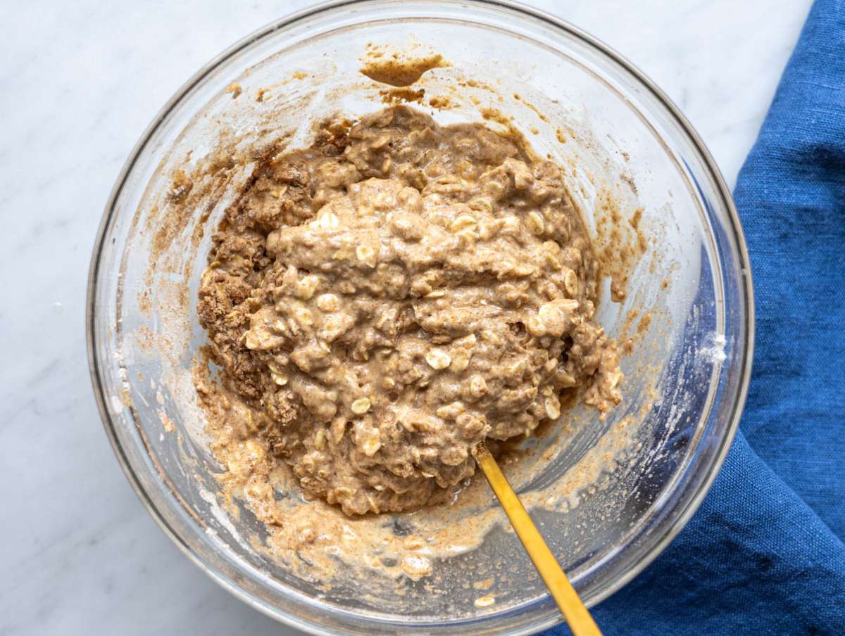 Step 3 Stirring flour, oats, and spices into wet mixture until combined.
