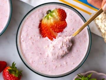 Step 3 Strawberry overnight oats served in a bowl after chilling overnight.