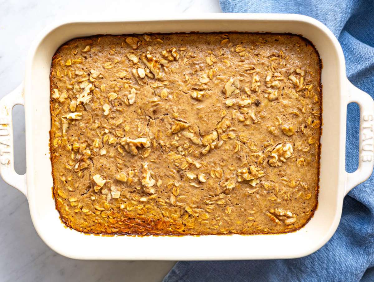 Step 4 Baked banana oatmeal fresh out of the oven cooling in the baking dish.