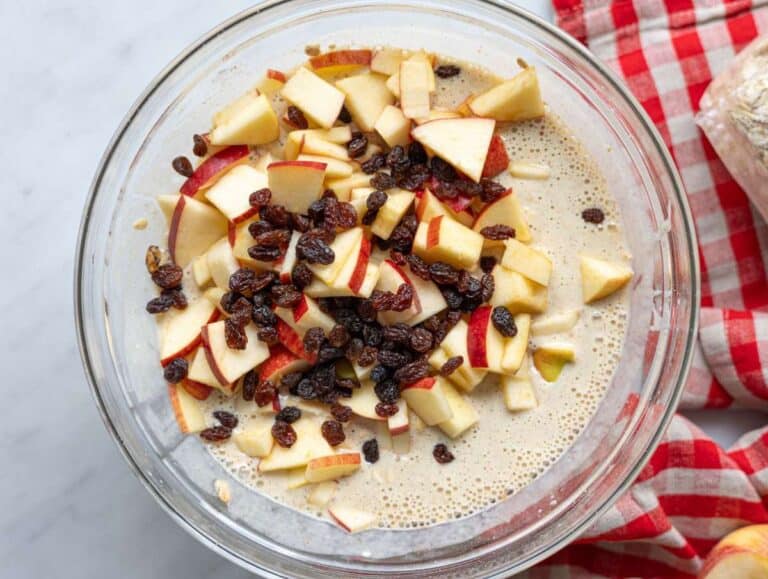 Step 4 Chopped apples and raisins about to be folded into oatmeal batter.