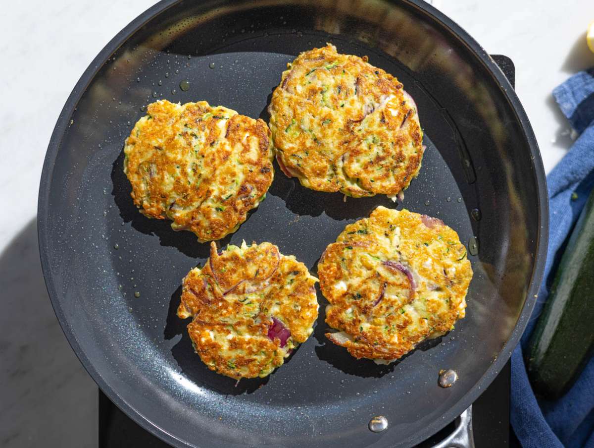 Step 4 Fritters cooking in non stick skillet until golden underneath.