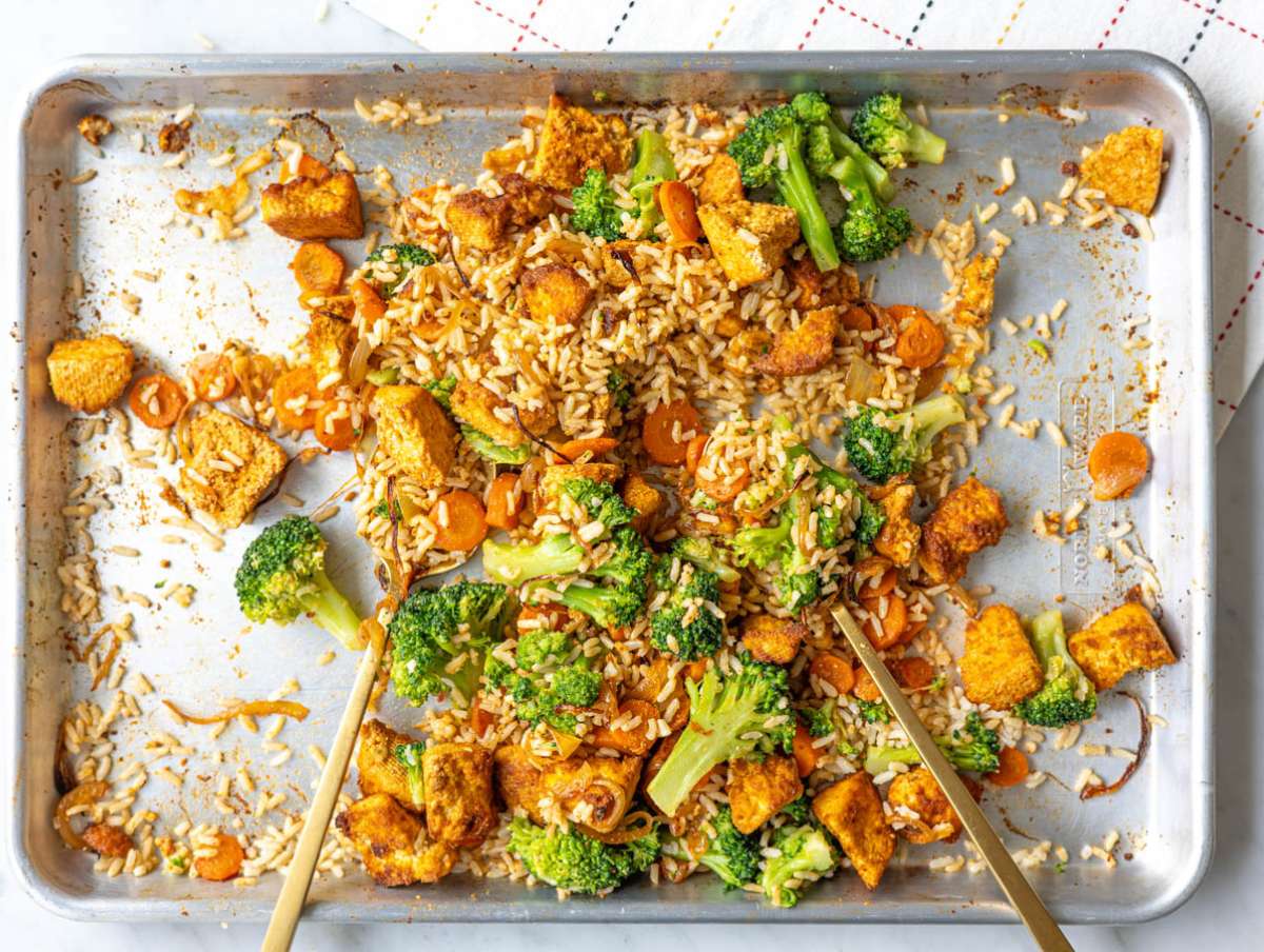 Step 4 Rice and broccoli florets tossed with the roasted tofu and veggies.