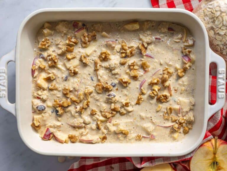Step 5 Oatmeal mixture spread evenly in greased baking dish with nuts on top.