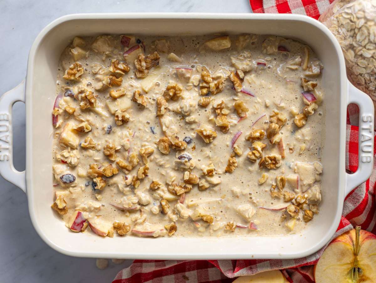Step 5 Oatmeal mixture spread evenly in greased baking dish with nuts on top.