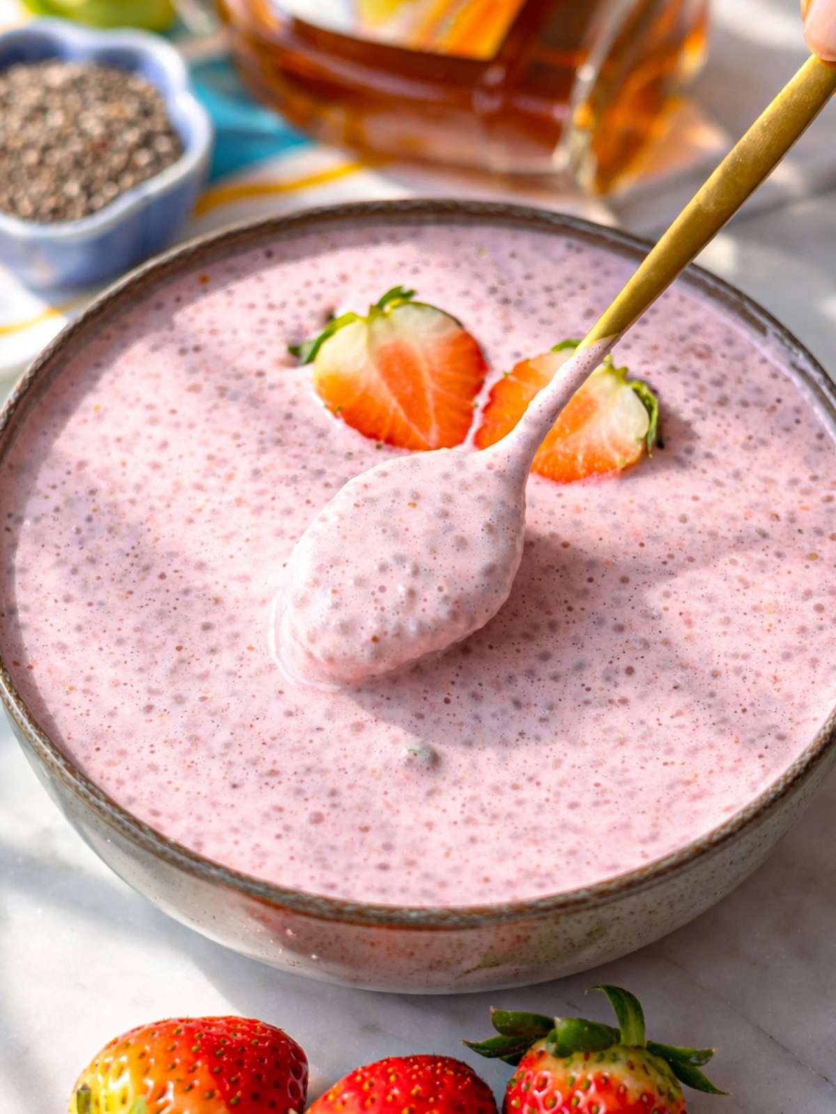 Strawberry chia pudding with Greek yogurt in small breakfast bowl topped with sliced strawberries.