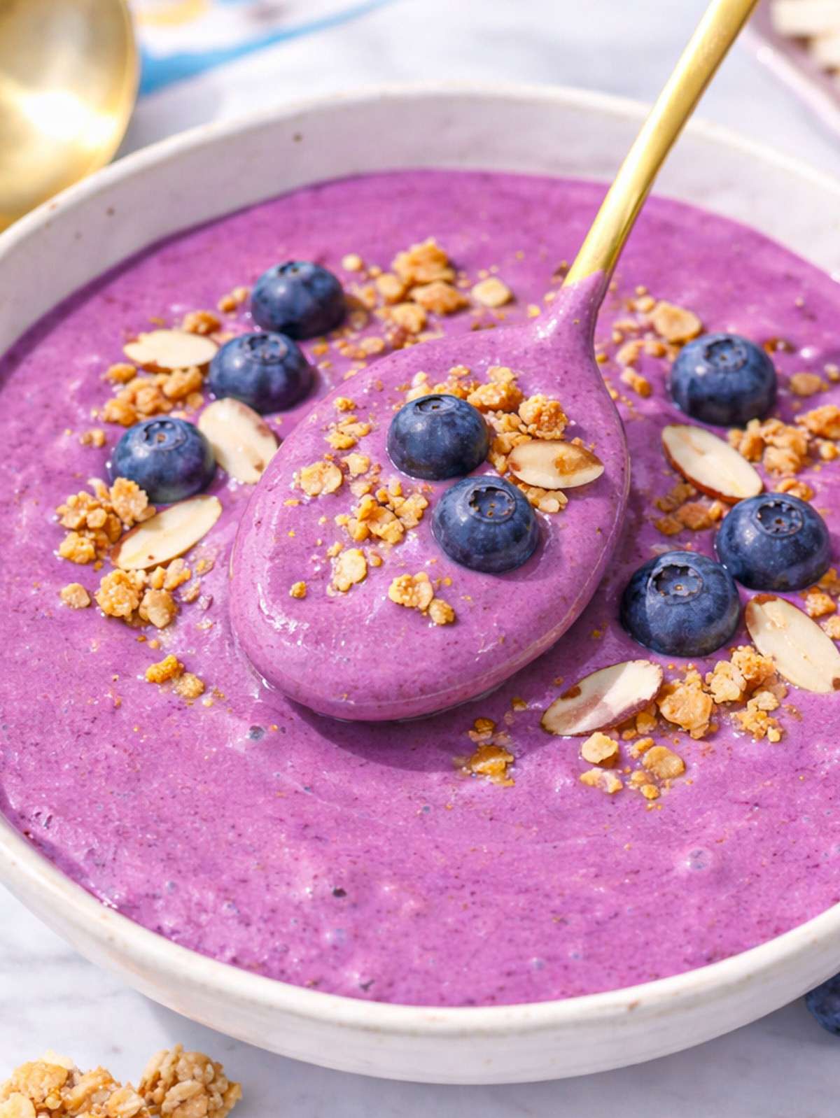 A detailed close-up of creamy blueberry texture topped with crushed granola and fresh blueberries.