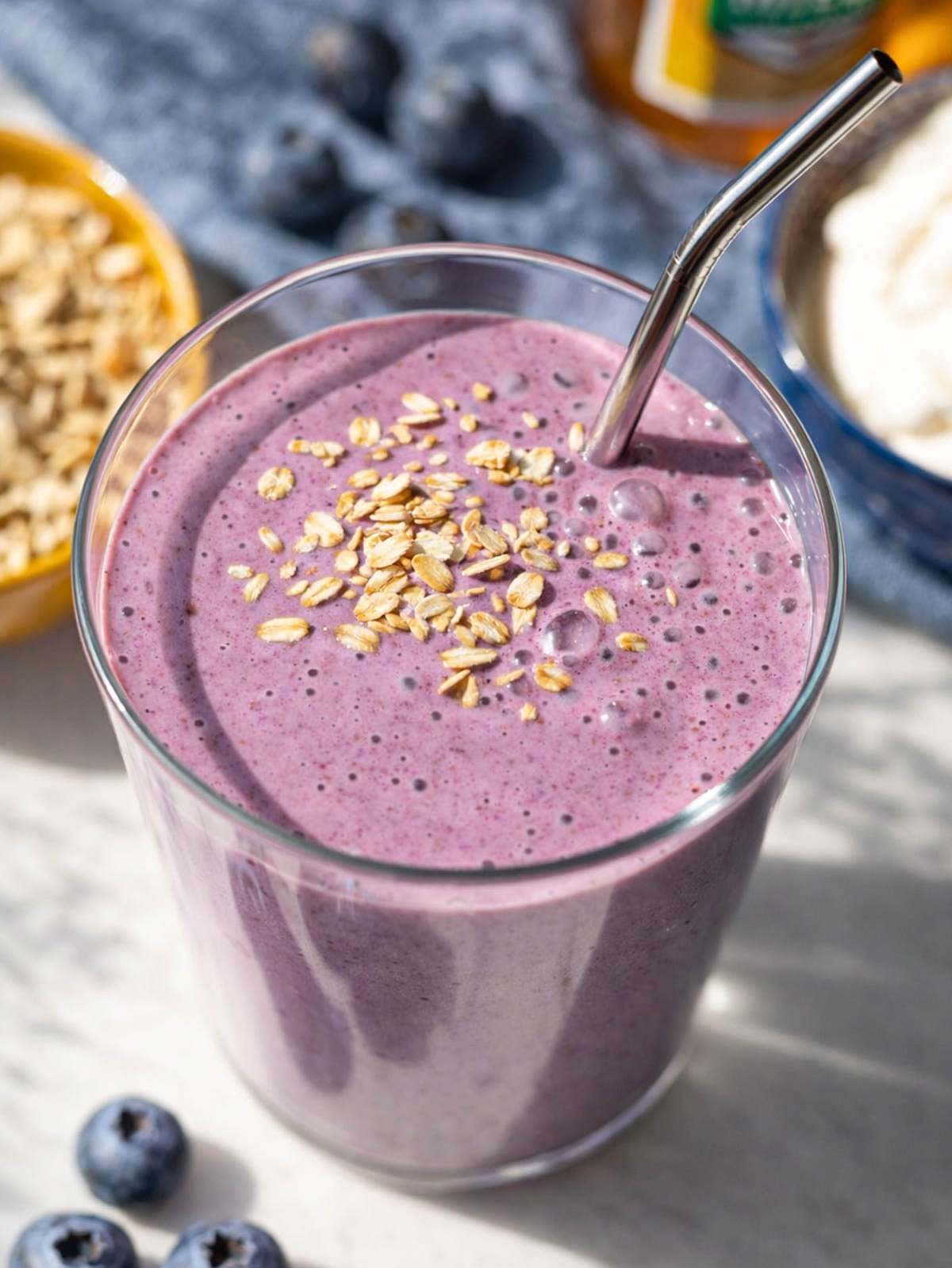 Close-up of creamy purple smoothie with visible blueberry swirl and thick texture in clear glass.