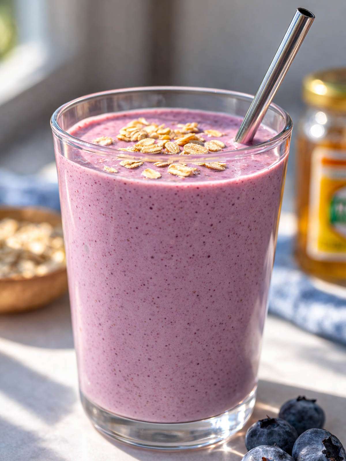 Glass of thick purple smoothie topped with blueberries on marble table near a bright window.