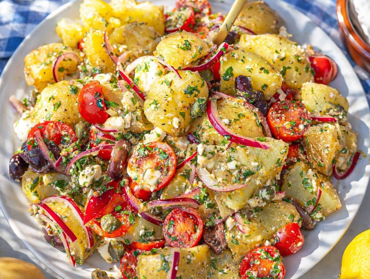 Large platter of Greek potato salad with olive oil dressing glistening in natural light.