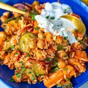 Mediterranean rice bowl with Greek-style roasted vegetables.