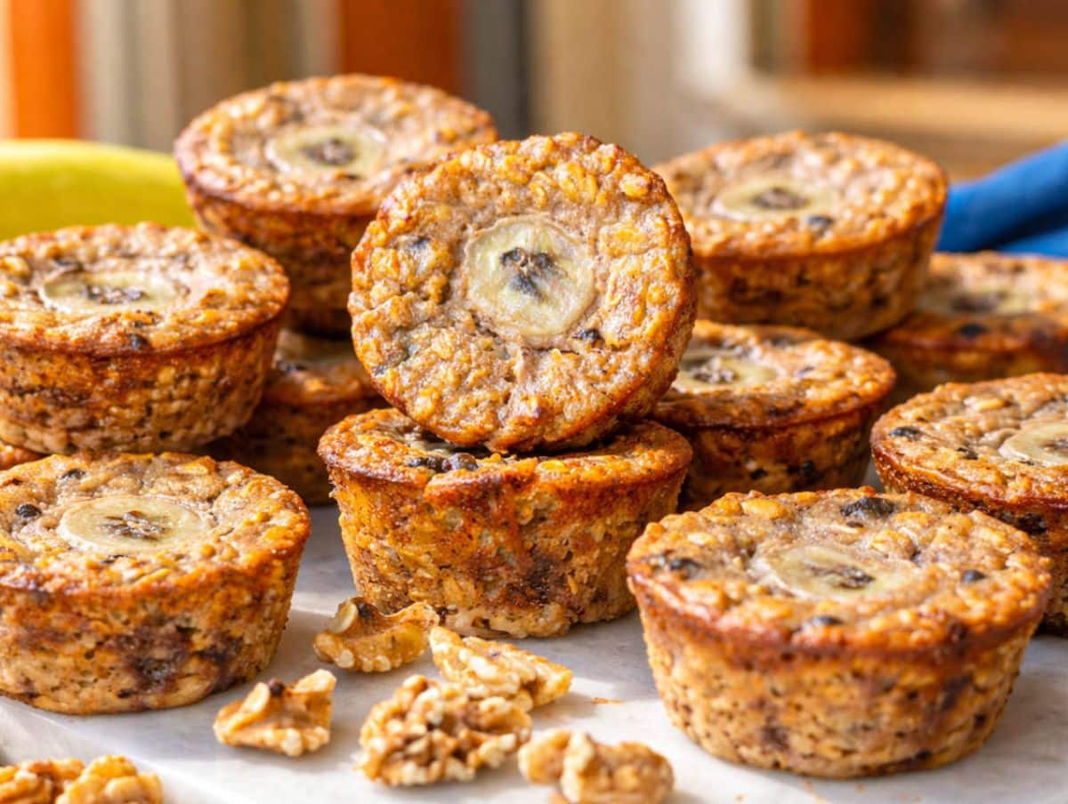 Soft banana baked oatmeal cups on marble table with natural light highlighting golden oat texture.