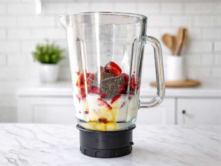 Step 1 Ingredients for strawberry smoothie in a blender on a marble table