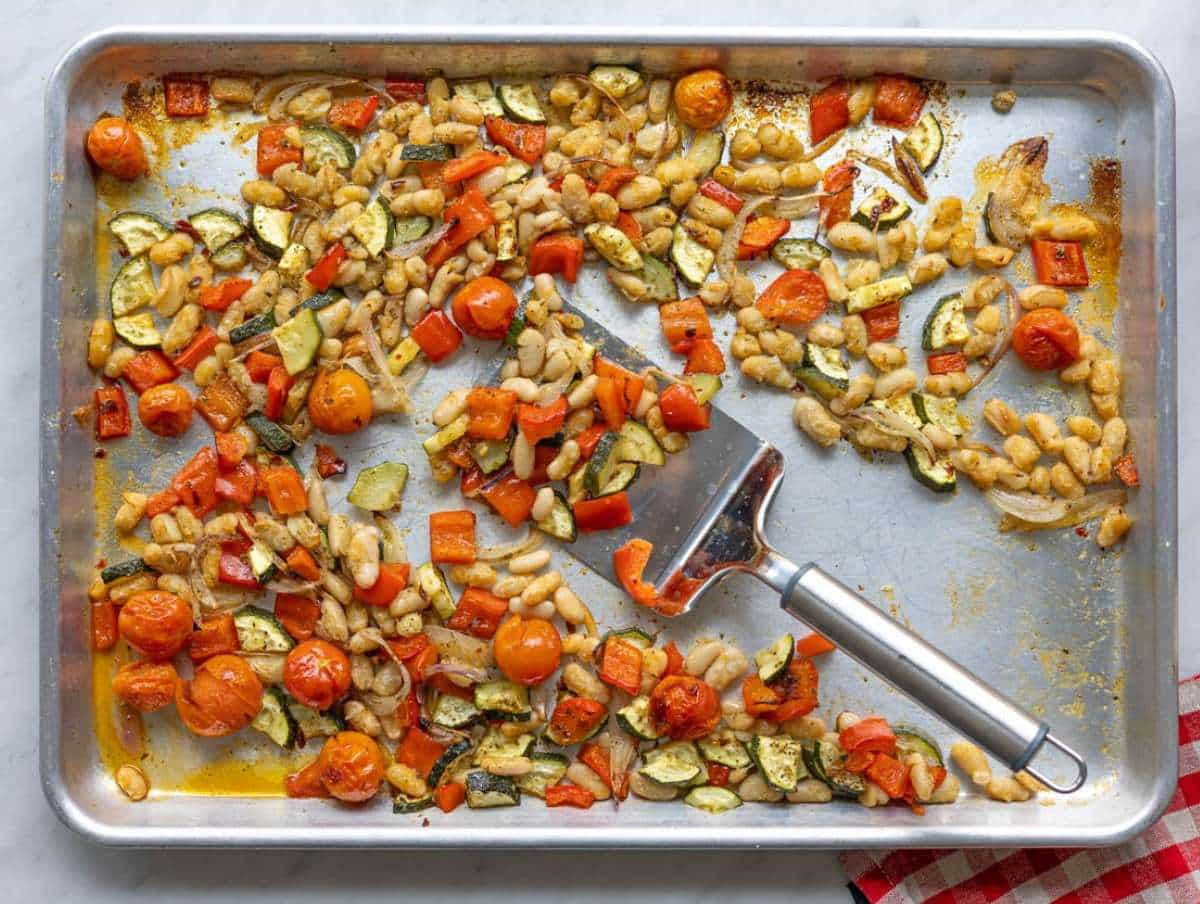 Step 1 Roasted chopped vegetables and beans on sheet pan.