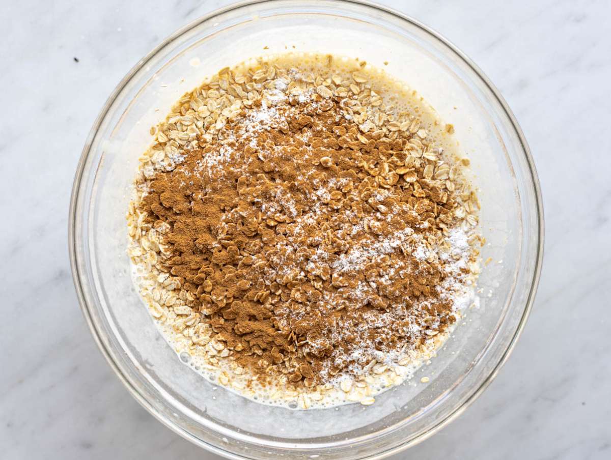 Step 2 Oat with cinnamon and baking powder in batter before stirring in.