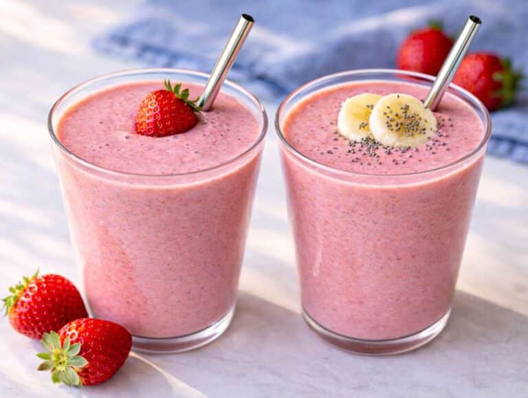 Step 2 Two glasses of creamy strawberry smoothie with greek yogurt and chia seeds.