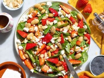 Step 3 Layering spinach beans and strawberries on platter with soft window light.